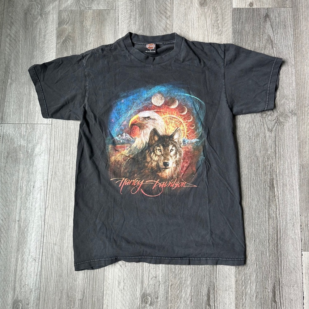 VTG 2000's Harley-Davidson Wolf eagle nature grail Black Graphic T-Shirt Men's M